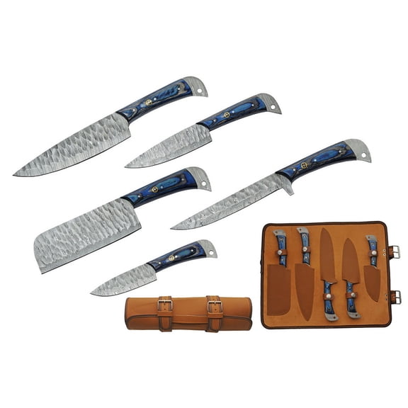 SANZ 5-Piece Umbra River Chef Knife Set with Hammered Steel Blades and Blue Handle in Leather Roll