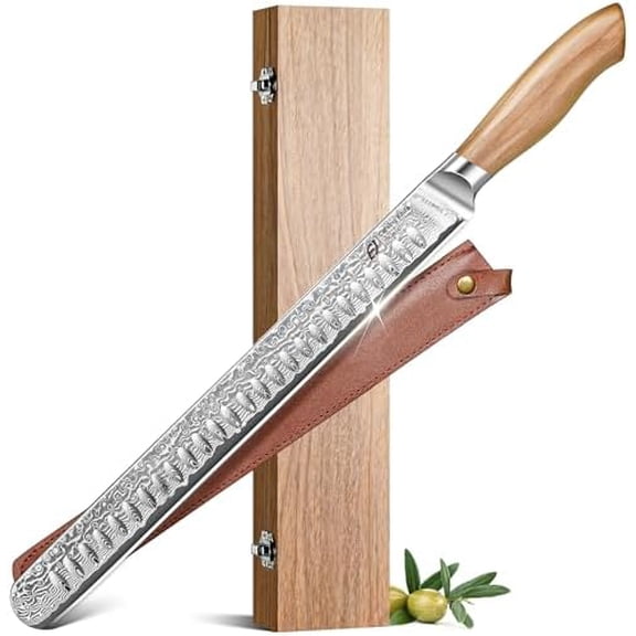 Damascus Brisket Slicing Knife, 12" Carving Knife with Japanese Steel, Olive Wood Handle, Luxury Wooden Gift Box, Razor Sharp for Meat & Turkey$$Home Decor, Kitchen, & Other