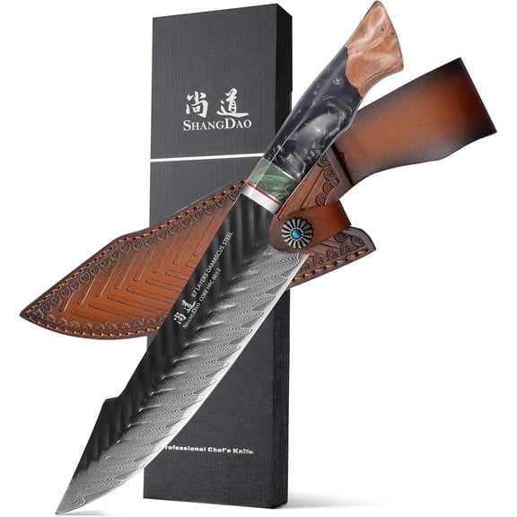 Damascus Chef Knife 8 Inch,67 Layers Alloy Steel Professional Kitchen Knives with Leather Sheath, Hand Forged Resin & Wood Handle QILIN Series