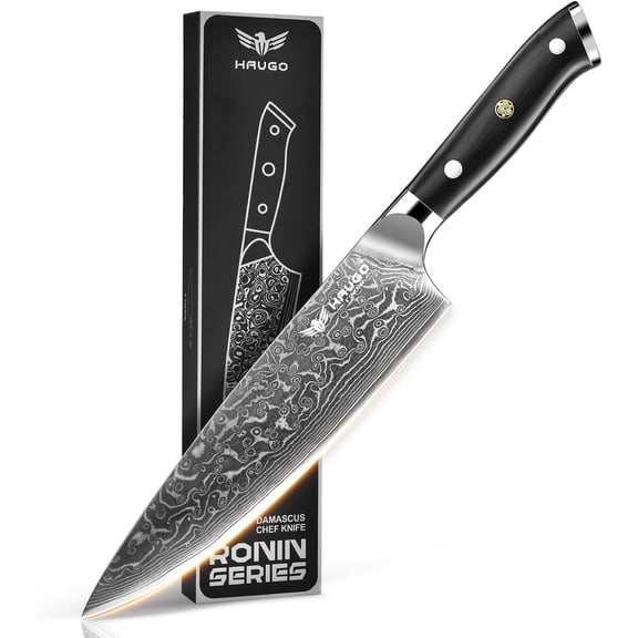 Damascus Chef Knife - 8 Inch Kitchen Knife with Japanese VG10 Steel Core - Full Tang Handle - Ultra Sharp Professional Cooking Knife - Ronin Series - Gift Box