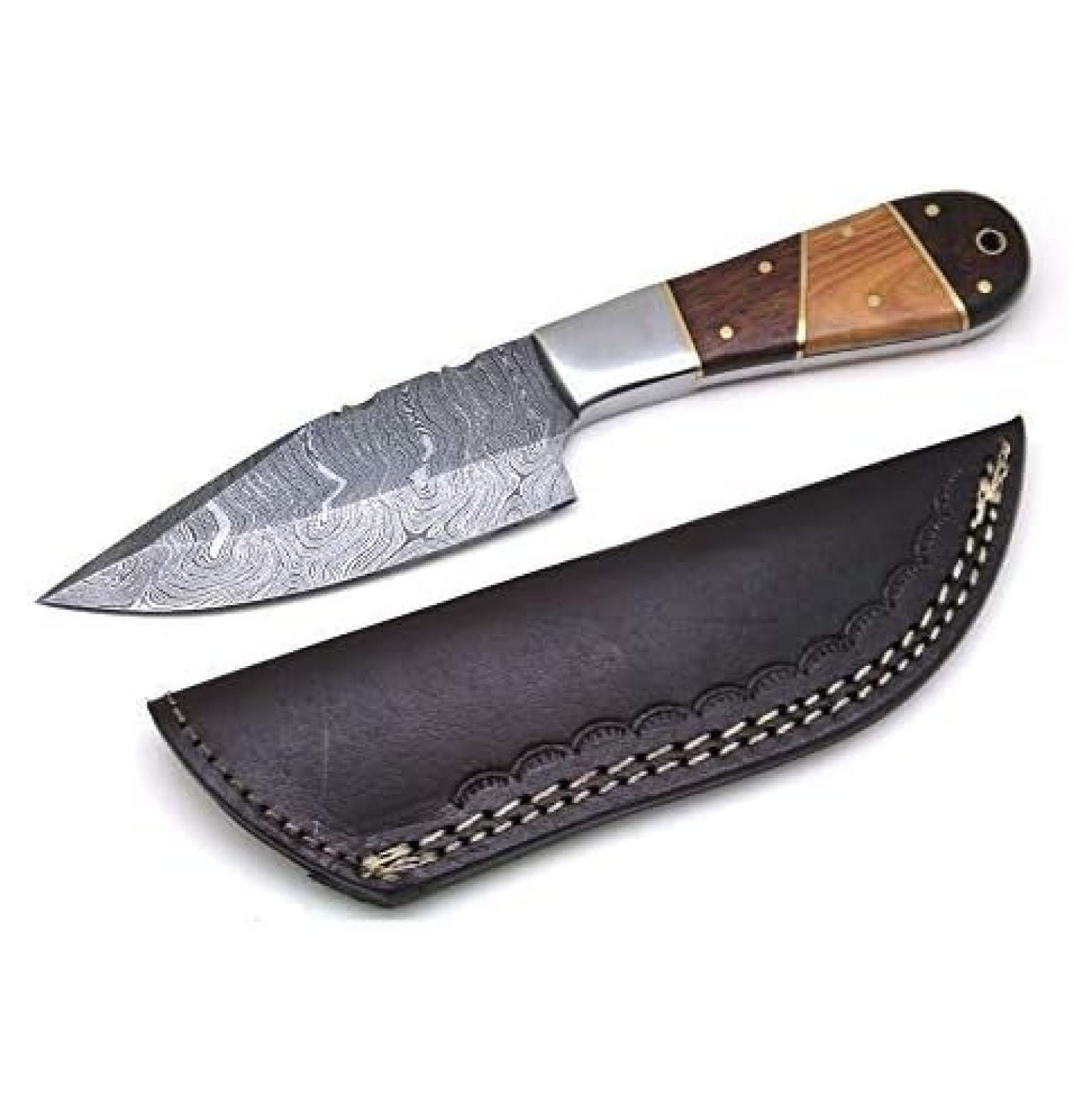 Damascus Collection 9" Fixed Blade Hunting Knife w/Leather Sheath (Wood)