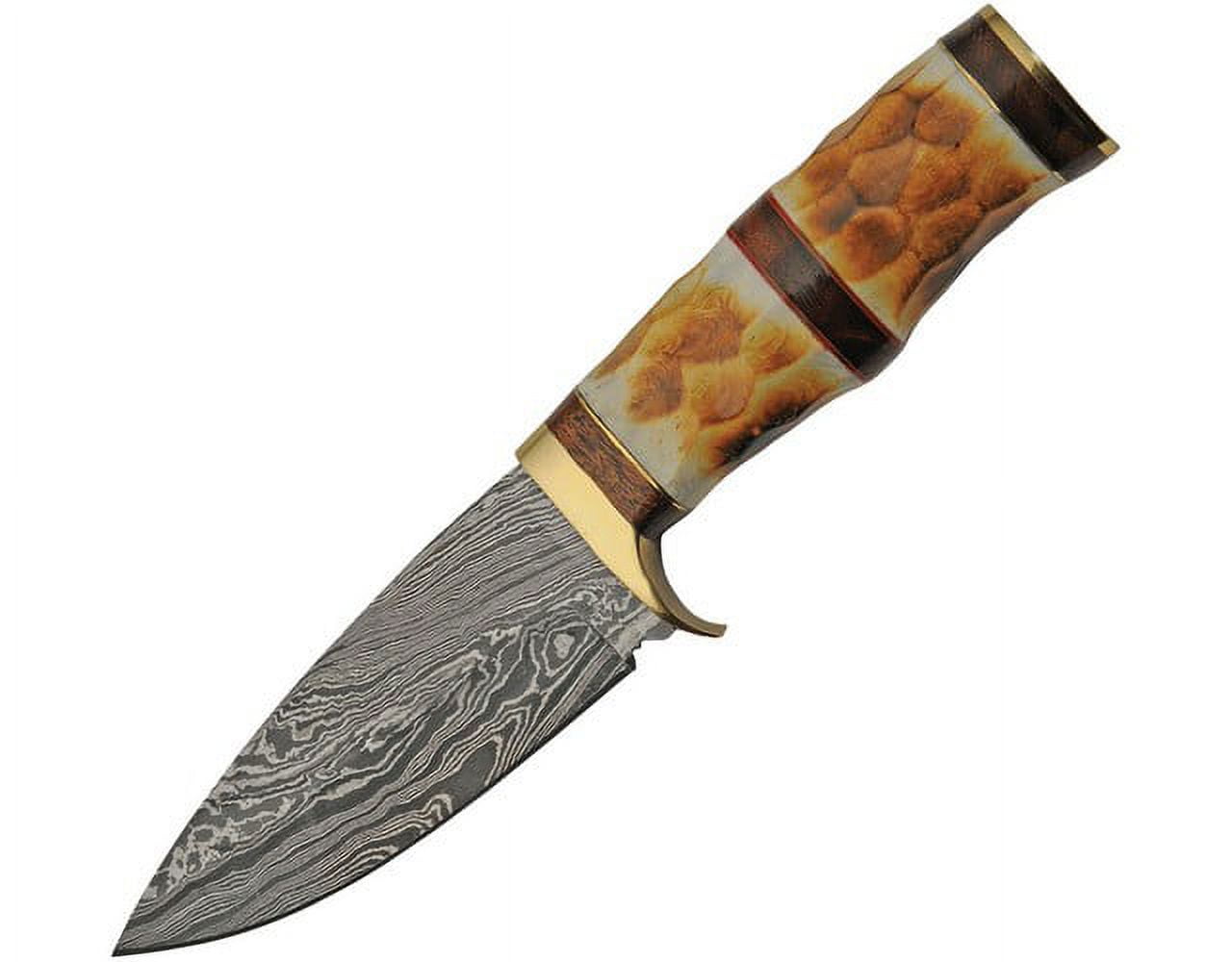 SANZ Damascus Flint Bone Hunting Knife 9 Inch - Camping Knife with Bone Handle, Full Tang Blade & Sheath - Pocket Knife for Hunting, Camping & Outdoor uses