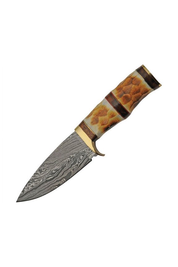 SANZ Damascus Flint Bone Hunting Knife 9 Inch - Camping Knife with Bone Handle, Full Tang Blade & Sheath - Pocket Knife for Hunting, Camping & Outdoor uses