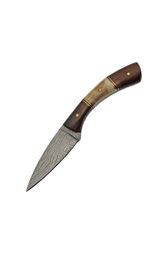 SANZ 7" Patch Stag Knife Damascus Steel Blade Full Tang Handle with Leather Sheath