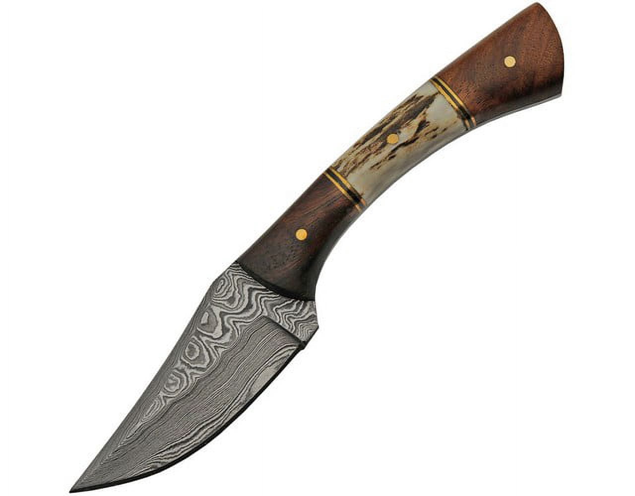 SANZ 7 Inch Fixed Blade Damascus Knife With Stag And Wood Handle Brass Pins Leather Sheath Outdoor Hunting Utility Knife