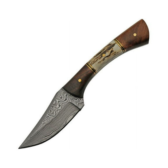 SANZ 7" Damascus Steel Fixed Blade Outdoor Knife with Stag & Wood Handle and Sheath