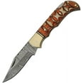 thumbnail image 1 of SZCO Supplies 3.5" Damascus Steel Knife – Orange Wood Handle with Brass Bolster & Leather Sheath, 1 of 3