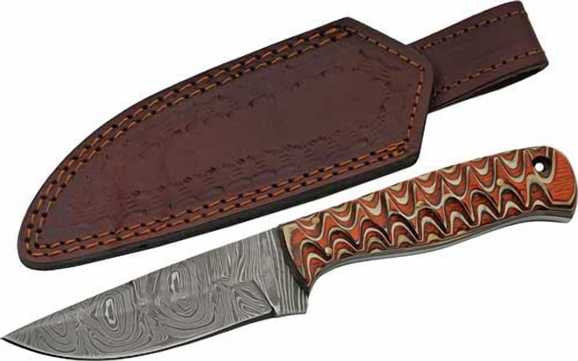 SZCO Supplies 8" Damascus Steel Fixed Blade Outdoor Knife with Twisted Orange Wood Handle and Leather Sheath