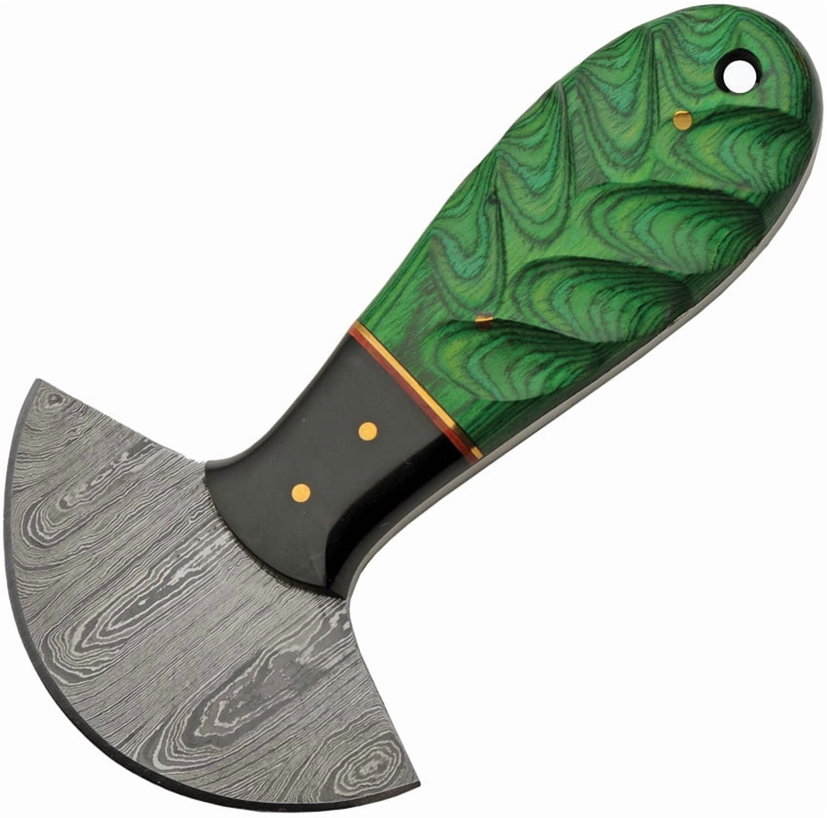 SZCO Supplies Wood/Bone Handle Crescent Blade Style Utility Kitchen Knife with Leather Sheath, 5.25" Length, Green