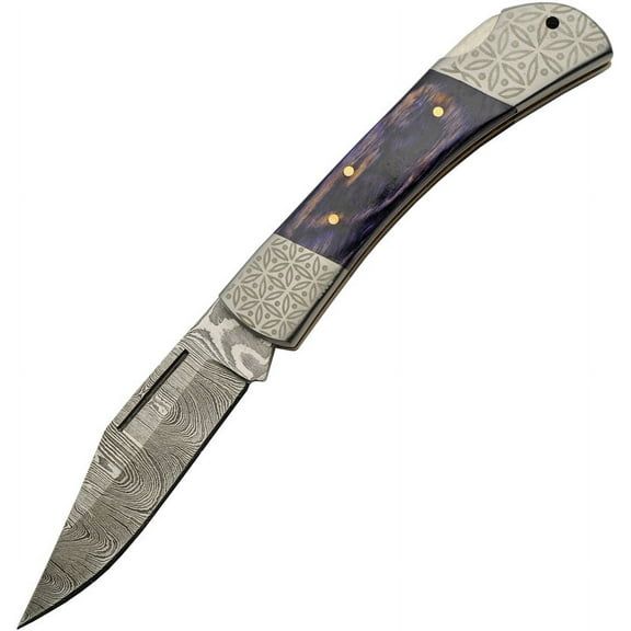 SANZ 8" Damascus Steel Knife – Blue Wood Handle, Lock Back Clip-Point Blade & Leather Sheath