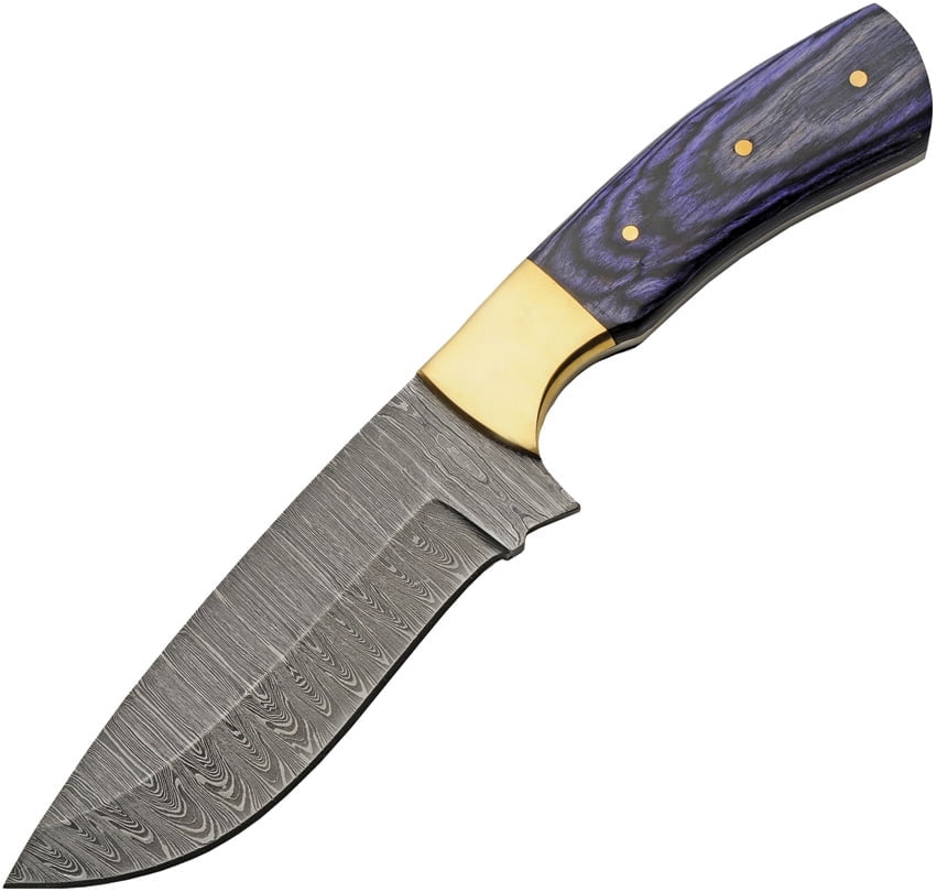 SANZ 8.75" Sapphire Hunting Knife Damascus Steel Blade Pakkawood Handle with Leather Sheath