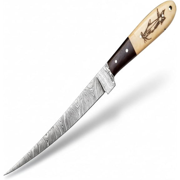 Damascus Fillet Knife - 13 Total Length, 8 Blade, 5 Camel Bone Handle with Engraved Fish Design, Includes Leather Sheath - Handcrafted Precision Knife for Fishing & Culinary Use