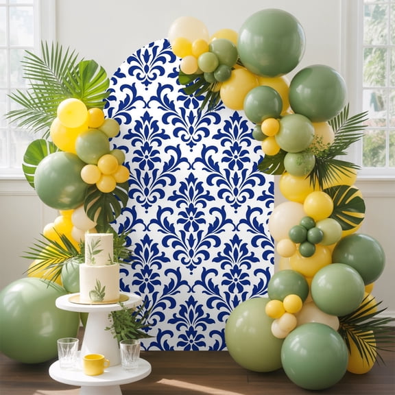 Damascus Floral Arch Backdrop Cover, 4FT, Traditional Royal Blue Symmetrical Damask Scrolls Spandex Arch Covers Double-Sided Backdrop for Wedding Birthday Party Photo Background Decoration