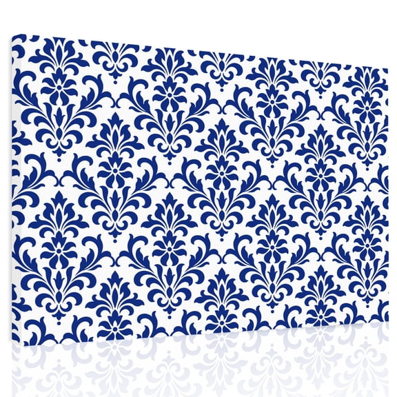 Damascus Floral Canvas Print Wall Art Traditional Royal Blue Symmetrical Damask Scrolls Wall Decor Modern Artwork Paintings Pictures for Living Room Stretched and Framed Ready to Hang - 12" x 16"