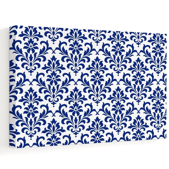 Damascus Floral Canvas Wall Art 10" x 8" Traditional Royal Blue Symmetrical Damask Scrolls Frame Picture Prints, Ready to Hang Waterproof Artwork Decor for Bathroom, Kitchen Small Wall Spaces