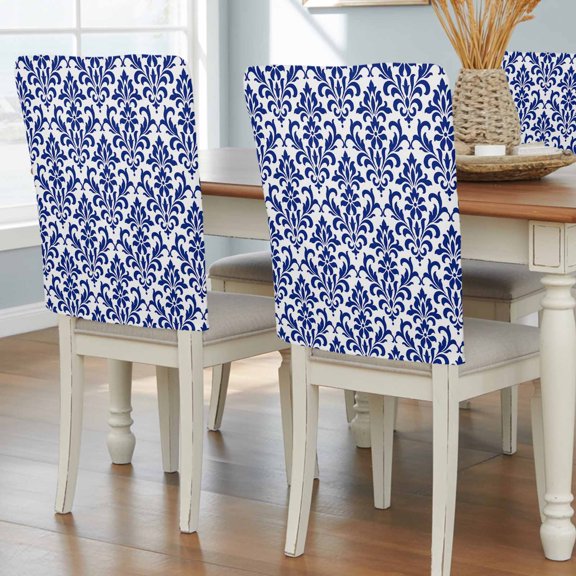 Damascus Floral Chair Back Covers Set of 1, Traditional Royal Blue Symmetrical Damask Scrolls Removable Dining Seat Cover Washable Kitchen Chair Slipcovers Protective for Party Decoration 19x20in
