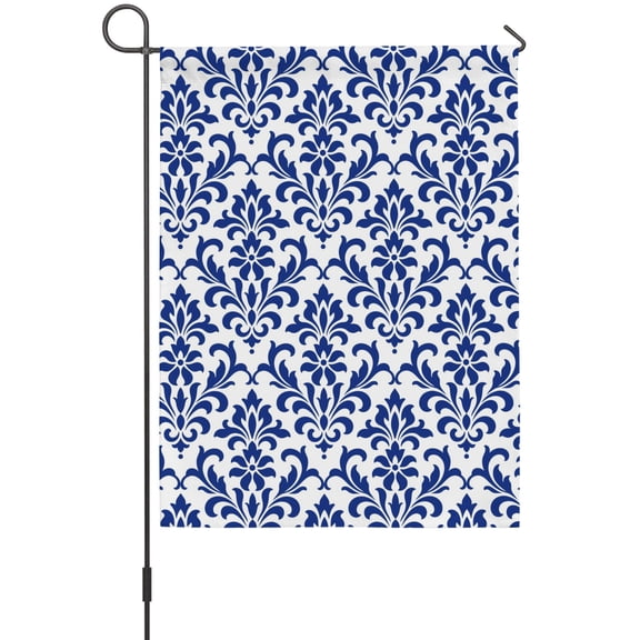 Damascus Floral Garden Flags For Outdoor, Traditional Royal Blue Symmetrical Damask Scrolls Small Double Side Yard Flags Weather Proof Garden Decor for Lawn Outside Holiday 12 x 18 Inches
