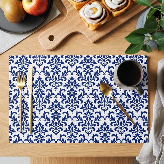 Damascus Floral Placemats Set of 1 Traditional Royal Blue Symmetrical Damask Scrolls Heat Insulation Non-Slip Place Mats Washable Table Mats for Dining room Party Kitchen Decor, 13 x 19 Inches