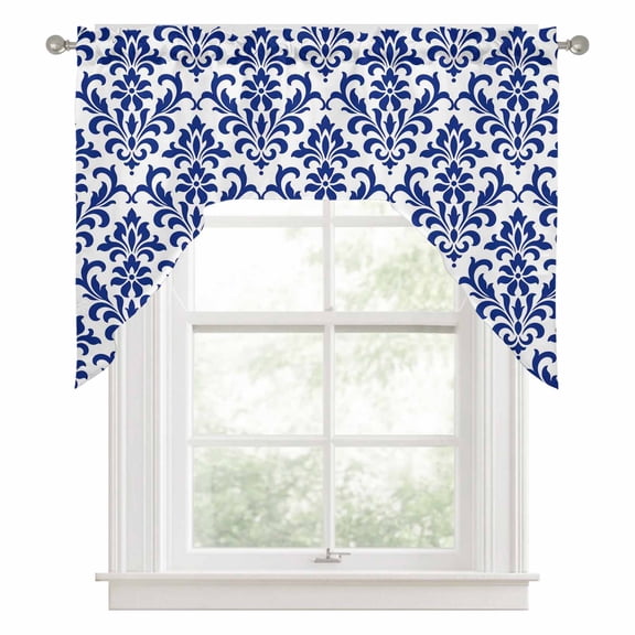 Damascus Floral Swag Curtain Valance for Windows, Traditional Royal Blue Symmetrical Damask Scrolls Swag Curtains Drapes Rod Pocket for Kitchen Bathroom Small Window, 1 Panel 56x36in