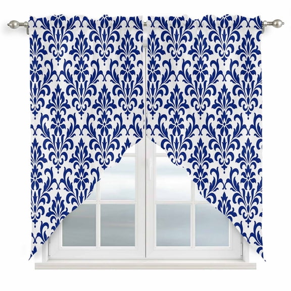 Damascus Floral Swag Valance Curtains Traditional Royal Blue Symmetrical Damask Scrolls Rod Pocket Swag Curtains Small Window Treatments for Kitchen Bathroom Bedroom 28" W x 36" L, 2 Panels