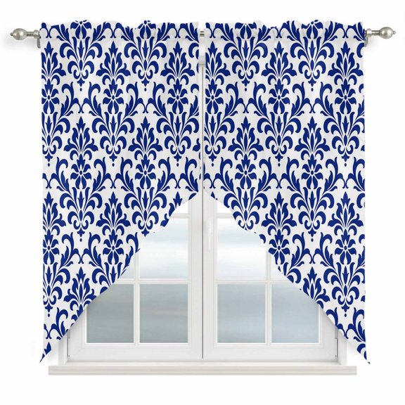Damascus Floral Swag Valances for Windows 2 Pack Traditional Royal Blue Symmetrical Damask Scrolls Swag Kitchen Curtains 36 Inches Long Rod Pocket Short Window Treatment for Kitchen Bathroom 28"x36"