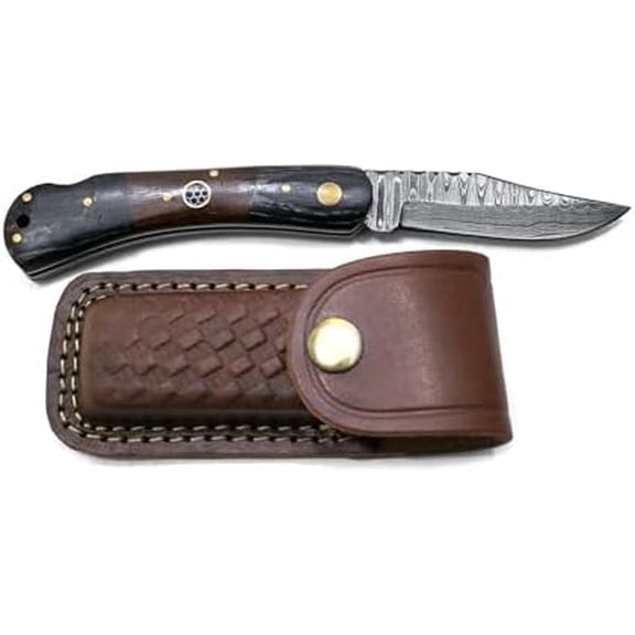 Damascus Folding Pocket Knife | Real Damascus Steel Folding Knife with Stag Horn Handle | Compact 6.5 EDC Hunting & Camping Knife with Leather Sheath$$Other