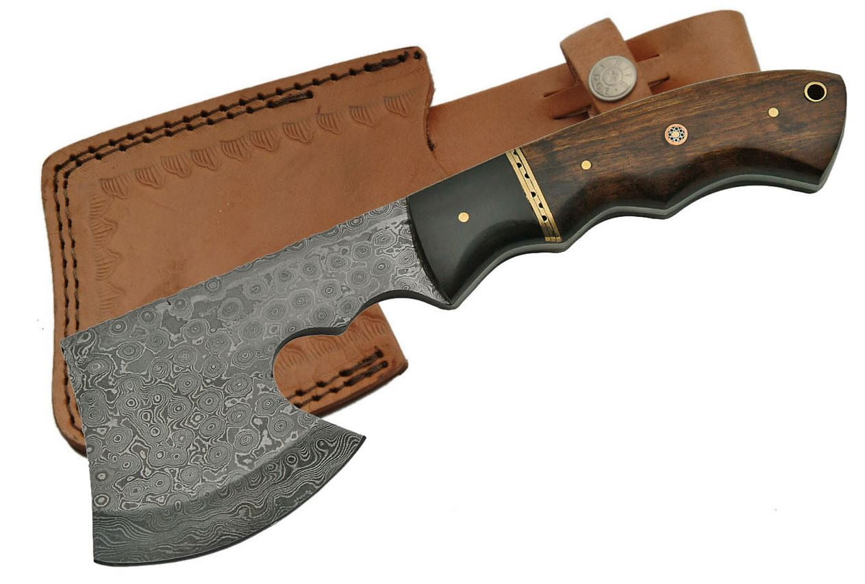SZCO Supplies Damascus Hatchet Ax-e with Walnut Handle With Leather sheath