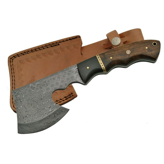 SZCO Supplies Damascus Hatchet Ax-e with Walnut Handle With Leather sheath