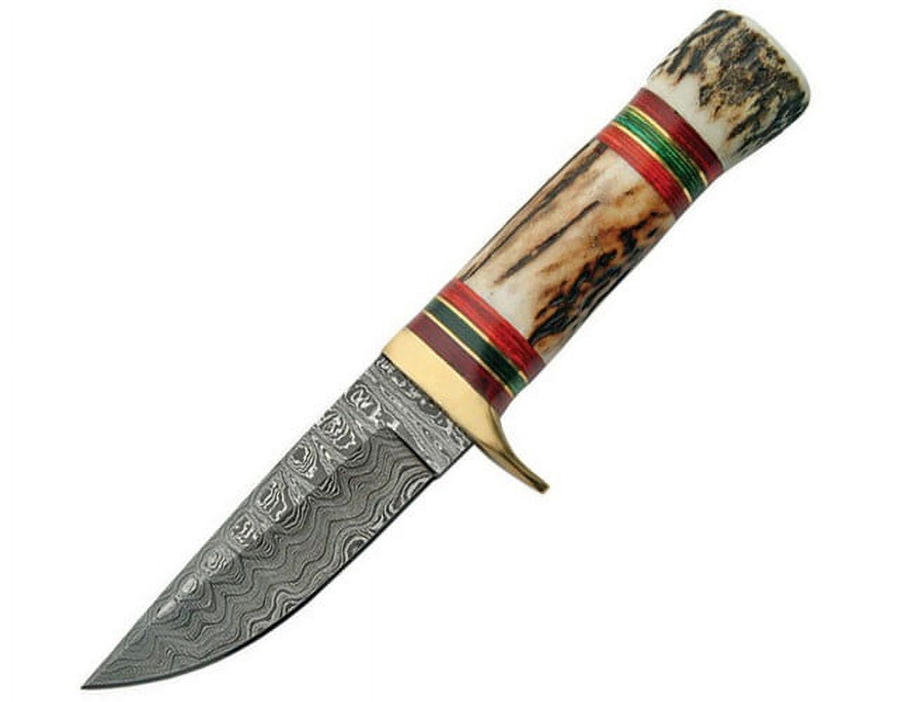 SANZ 7" Red Hunting Knife Damascus Steel Blade Camping Knife with Stag Handle & Leather Sheath Pocket Knife for Hunting, Outdoor uses & Camping