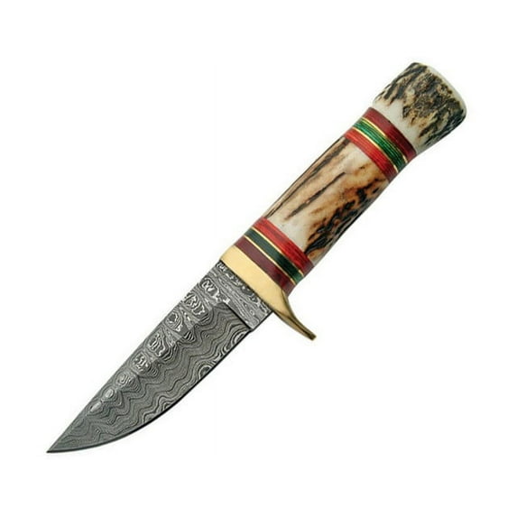 SANZ 7" Red Hunting Knife Damascus Steel Blade Camping Knife with Stag Handle & Leather Sheath Pocket Knife for Hunting, Outdoor uses & Camping