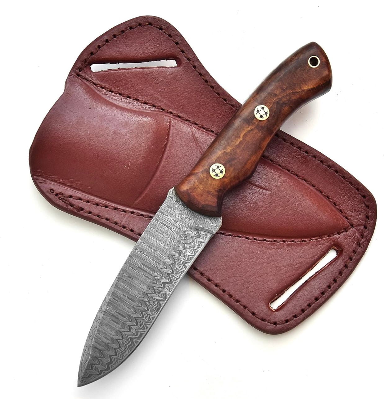 Damascus Hunting Knife Bushcraft Survival Blade, Leather Sheath Outdoor Camping Equipment
