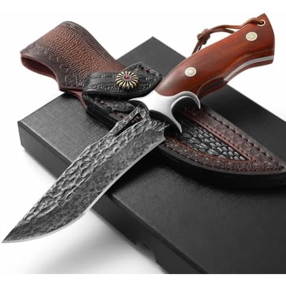 Damascus Hunting Knife Handmade VG10 67-Layers Damascus Steel Bowie Knife with Real Leather Sheath Fixed Blade for Men, Wood Handle$$