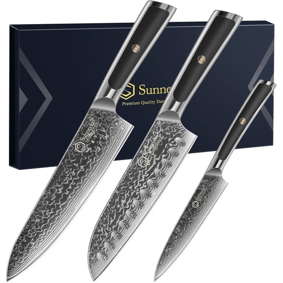 Damascus Kitchen Knife Set 3 Piece Sharp Chef Knife Set Professional Kitchen Knives Sets Full Tang with Gift Box