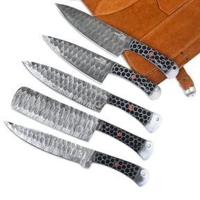 Damascus Kitchen Knife Set 5 Piece, High Carbon Steel Chef Knives with Resin & Mosaic Handles, Razor Sharp with Leather Sheath