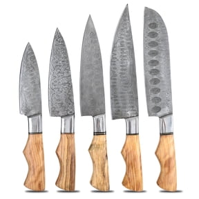 Damascus Kitchen Chef Knife Set of 5 with Olive Wood Handle & Brass Handles