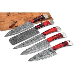 Damascus Kitchen Chef Knife Set of 5 with Resin Red Handles