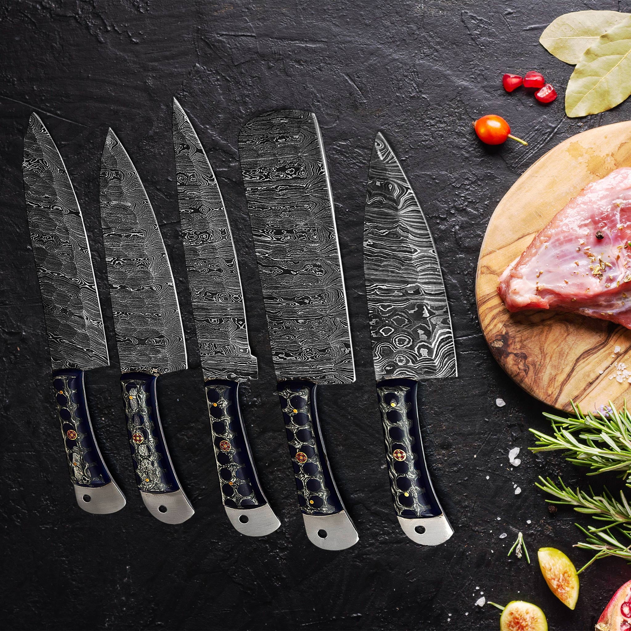 Gentry Choice Damascus Steel Kitchen Knives Set of 5 with Resin Blue Handles