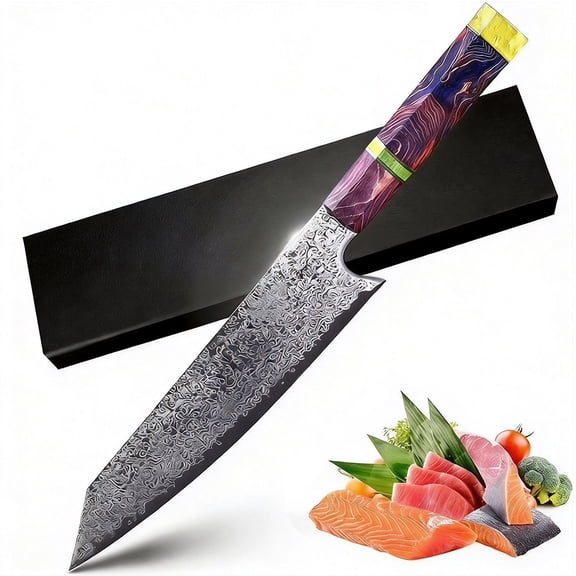 MYVIT Damascus Chef Knife 8-inch Japanese Kitchen Knife 67-Layer VG10 Kiritsuke Santoku Knife with Octagonal Wood Handle and Giftcase