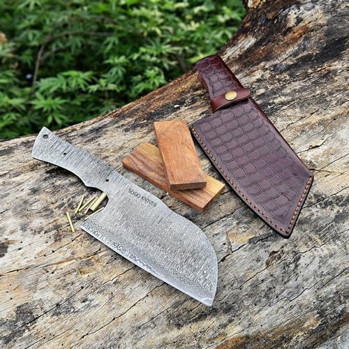 Damascus Knife Making Kit - DIY Handmade Knife Set Includes Meat Cleaver Blank, Steel Blade, Pins, Handle Scales and Sheath$$Home Decor, Kitchen, & Other