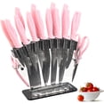 thumbnail image 1 of Damascus Knife Set 18Pcs Non Stick Sharp Kitchen Knives Set with Acrylic Block Cutlery Knives Block Set Chef Quality Best Gift Pink Handle, 1 of 9