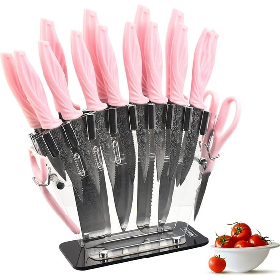 Damascus Knife Set 18Pcs Non Stick Sharp Kitchen Knives Set with Acrylic Block Cutlery Knives Block Set Chef Quality Best Gift Pink Handle