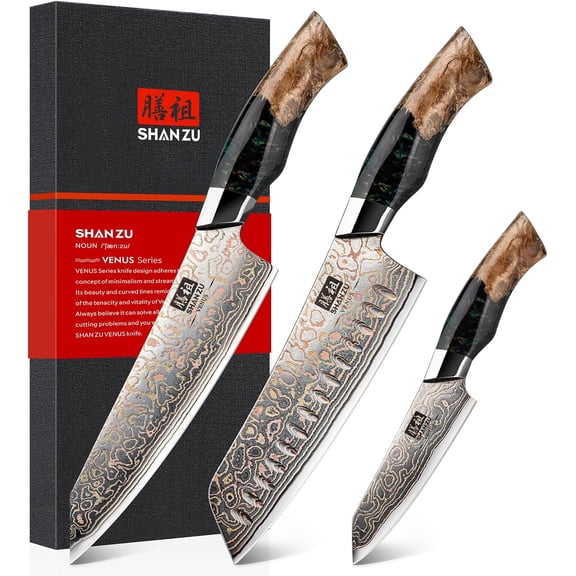 Damascus Knife Set, Copper & Damascus Steel Japanese Kitchen Knives, High Carbon 33 Layer Hand Forged Utility Knife Professional Sharp Kitchen Knife with Maple Wood Handle