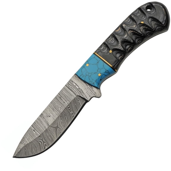 SANZ 8" Full Tang Hunting Knife with Damascus Style Blade, Black Wood Handle, Brass Pins and Leather Sheath Included