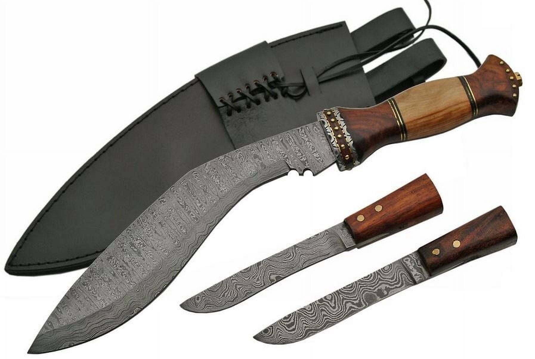 SANZ 18" Damascus Steel Kukri Knife with Rosewood & Olivewood Handle and Sheath