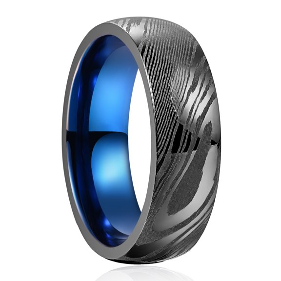 Damascus Mens Black Damascus Steel Blue Innerface Comfort Fit Rings Size 7-12