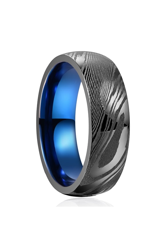 Damascus Mens Black Damascus Steel Blue Innerface Comfort Fit Rings Size 7-12