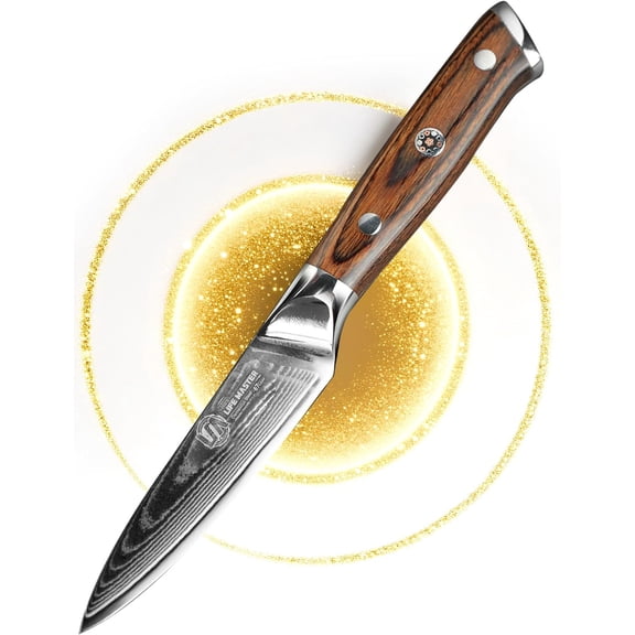 Damascus Paring Knife - Collectible 3.5 Inch Utility Knife with Pakkawood Handle, Japanese High Carbon Steel Blade, Small Fruit & Vegetable Knives for Kitchen, Outdoor, Camping, or Gift Use
