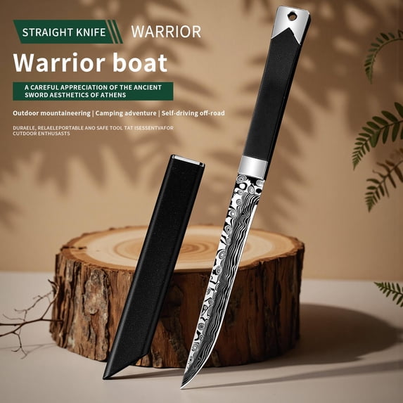 Damascus Pattern Straight Edge Outdoor Camping Fruit Knife With Sheath Cover, Portable Sharp Stainless Steel Fixed Blade Pocket Knife, Multi-functional Knife Tool for Home Kitchen