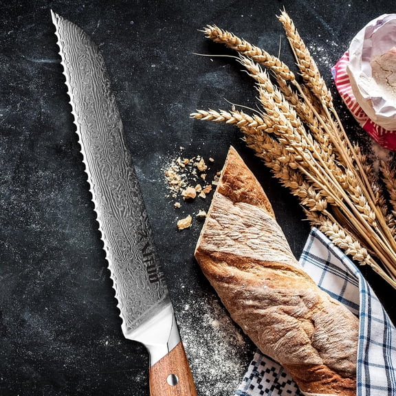 Damascus Steel 8-Inch Bread Knife with Olive Wood Handle -  Precision Kitchen Knife Bread Slicer Cutter Gift - Slicing Knife for Professional & Home Chefs