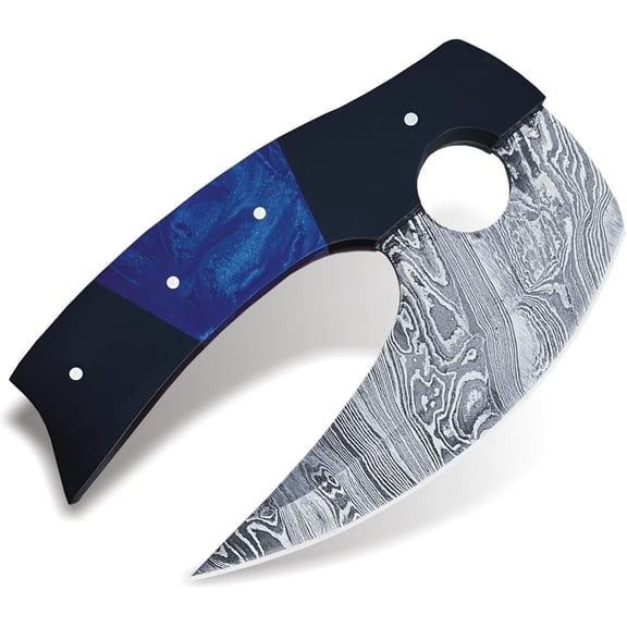 Damascus Steel Alaskan Ulu with Sheath, 6" Rocker Pizza Cutter & Mezzaluna Chopper, Authentic Inuit Eskimo Design, Non-Slip Handle